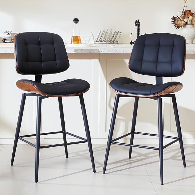 Mid Century Modern Bar Stools Set of 2 for Kitchen Island,Upholstered Black Faux Leather Counter Height stools,26 Inch Counter stools with Walnut Grain Back