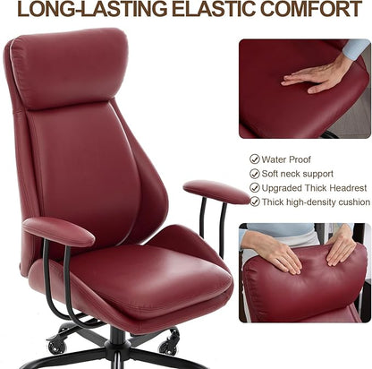 Home Office Desk Chair, PU Casters Ergonomic Computer Chair with Lumbar Support, Adjustable Height, 360°Rolling Swivel Chair, High Back Executive Task, Padded Armrests Chair, Red Leather