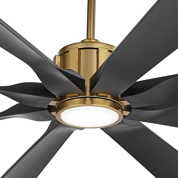 Possini Euro Design 70" Defender Modern Outdoor Ceiling Fan with LED Light Remote Control Soft Brass Matte Black Damp Rated for Patio Exterior House Home Porch Gazebo Garage Barn