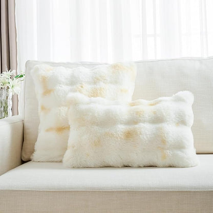 FUTEI Yellow White Decorative Throw Pillow Covers 16x16 Inch Set of 2,Soft Fuzzy Faux Rabbit Fur Cushion Covers with Raised Texture,Neutral Boho Home Decor for Couch Bed Living Room