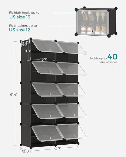 SONGMICS Shoe Rack Organizer, 10-Tier Shoe Storage Cabinet for Closet and Entryway, Holds 40 Pairs of Shoes, Adjustable, Ink Black and Trasparent ULPC035B01