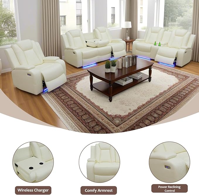 Power Recliner Sofa Set with LED, Creamy White Leather Reclining Living Room Couch, Muti-Functional Recliner Leather Sofa Set with Storage Console/Cup Holders/USB Ports