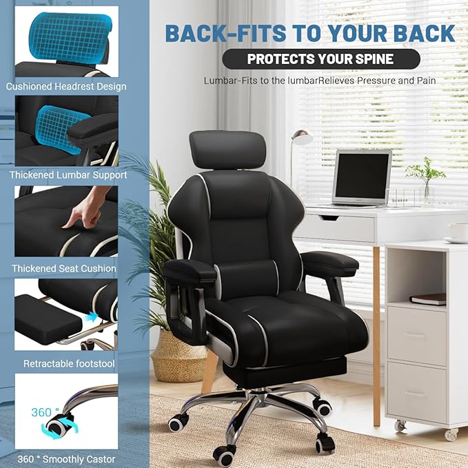 Executive Computer Chair Home Office Desk Chair,Adjustable Angle, Ergonomic Adjustable Height PU Leather Chairs with Cushions Armrest for Long Time Seating-High Office Chair with Footrest