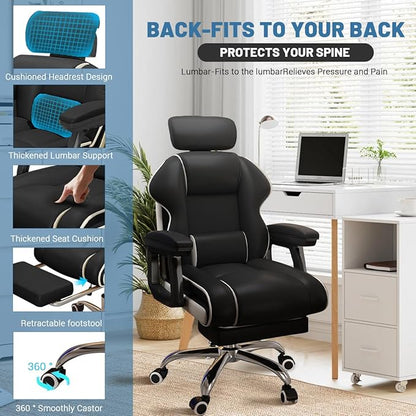 Executive Computer Chair Home Office Desk Chair,Adjustable Angle, Ergonomic Adjustable Height PU Leather Chairs with Cushions Armrest for Long Time Seating-High Office Chair with Footrest