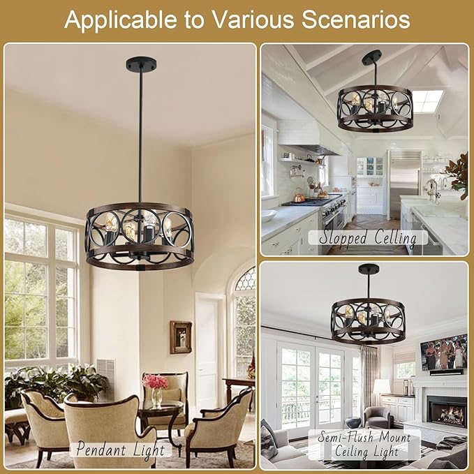 Light Fixture Ceiling Mount Kitchen 4 Light Semi Flush Mount Ceiling Light Fixture Black Rustic Farmhouse Chandelier for Dining Room Light Fixture with Adjustable Height