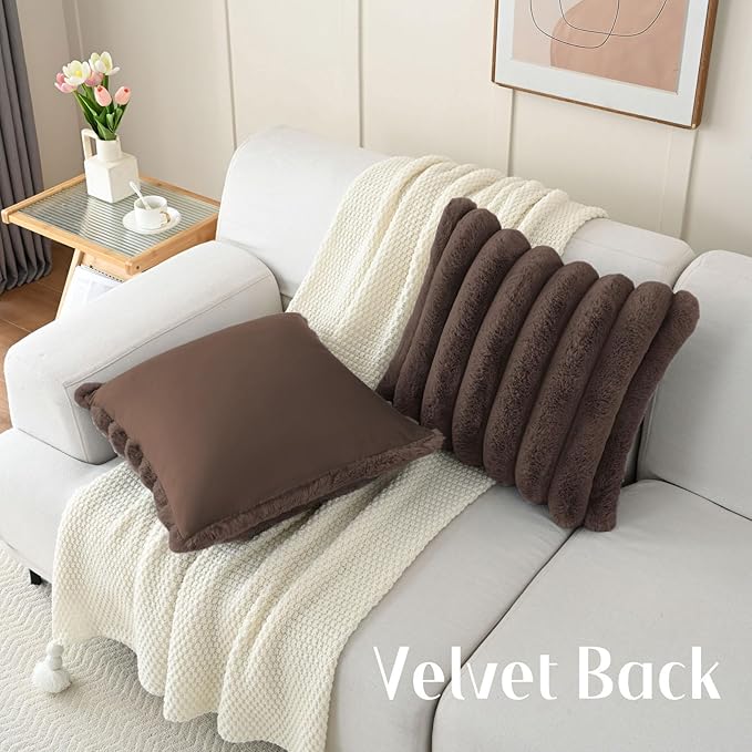 FUTEI Dark Coffee Decorative Throw Pillow Covers 16x16 Inch Set of 2, Square Soft Faux Rabbit Fur Big Striped Cushion Cover,Home Decor for Couch Sofa Bed Living Room