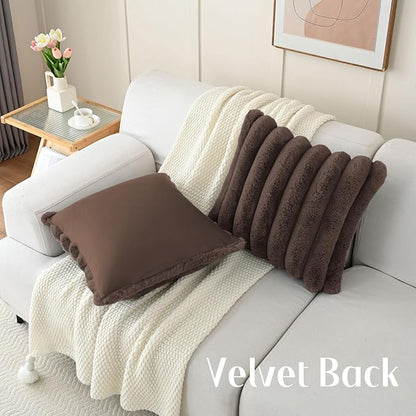 FUTEI Dark Coffee Decorative Throw Pillow Covers 20x20 Inch Set of 2, Square Soft Faux Rabbit Fur Big Striped Cushion Cover,Home Decor for Couch Sofa Bed Living Room