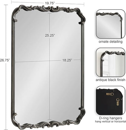Kate and Laurel Traditional Rounded Rectangle Ornate Mirror; 20 x 27; Black; Ornamental Round Rectangular Classic Framed Wall Mirror for Bathroom Vanity or Fireplace Mantel