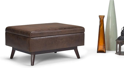 SIMPLIHOME Owen 34 inch Wide Mid Century Modern Rectangle Coffee Table Storage Ottoman in Distressed Chestnut Brown Vegan Faux Leather, Assembled, For the Living Room, Entryway and Family Room