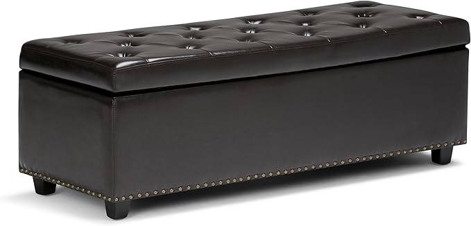SIMPLIHOME Hamilton 48 inch Wide Transitional Rectangle Storage Ottoman in Coffee Brown Vegan Faux Leather, Assembled, For the Living Room, Entryway and Family Room