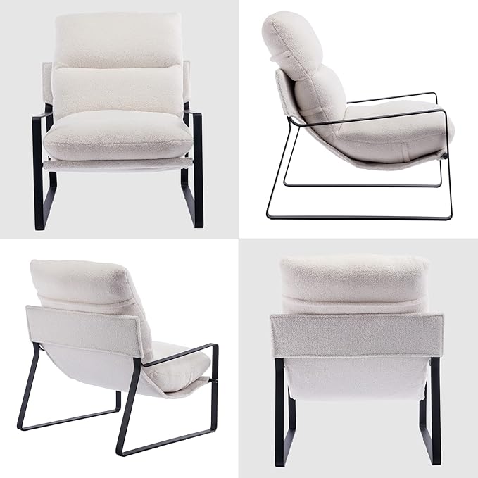 DUOMAY Modern White Sherpa Accent Chair, Comfy Lounge Lazy Chair with Metal Leg, Mid-Century Corner Arm Chair for Living Room Bedroom Office Apartment