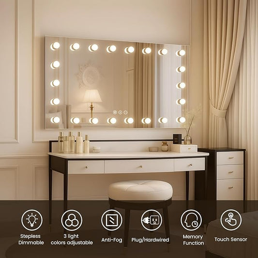 WTTY LED Bathroom Mirror with Lights 72"x36" Hollywood Wall-Mounted Mirror with 3 Color Temperatures, Stepless Dimmable Bulbs, Anti-Fog & Shatter-Proof