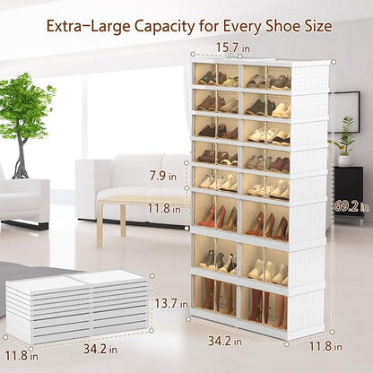 Collapsible Shoe Storage Organizer: Stackable and Large Plastic Foldable Shoe Cabinet Organizer with Magnetic Clear Door - Sneaker Boots Shoes Boxes Shoes Rack for Entryway Closet