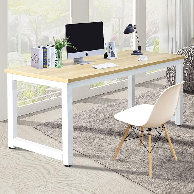 NSdirect Modern Computer Desk 63 Inch Large Office Desk, Writing Study Table for Home Office Desk Workstation Wide Metal Sturdy Frame Thicker Steel Legs, White
