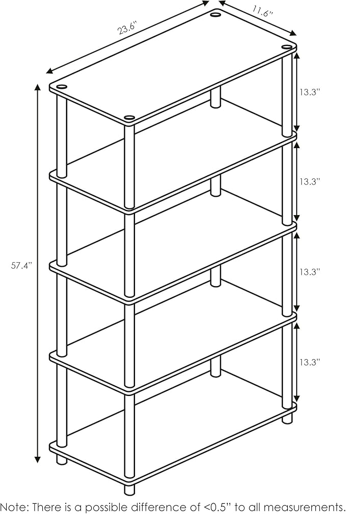 Furinno TURN-N-TUBE Storage Shelves, 5-Tier Book Shelf, Corner Shelf, Toolless Open Shelves, for Organization and Storage, Living Room, Garage, Home Office, Beech
