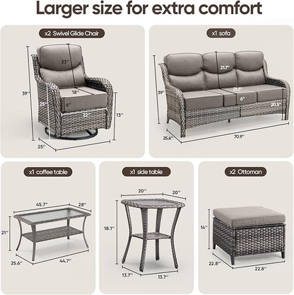 Swivel Patio Chairs sofa Set of 9 with 6" Thick Cushion - Wicker Outdoor Swivel Rocker Patio Chair ,Sofa/Glass coffee table, High Back Comfortable Outdoor Glider Chairs - Grey Wicker | Grey Cushions
