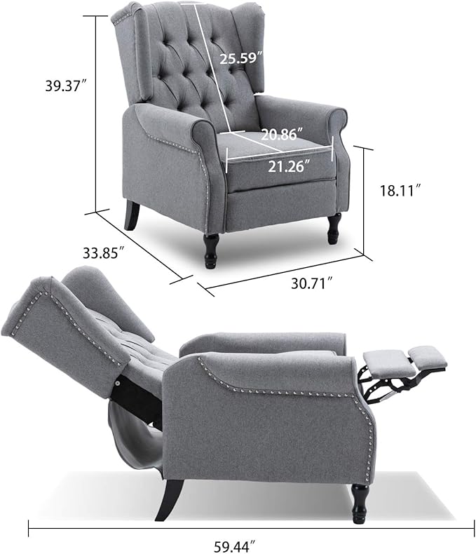 Pushback Recliner Chair, Modern Accent Arm Chair, Fabric Wingback Chair for Living Room Bedroom, Grey