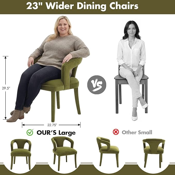 Olive-Green Velvet Dining Chairs Set of 2, Modern Solid Wood Kitchen Chairs, All-Over Fabric Upholstered Side Chairs for Kitchen/Dining Room/Living Room/Restaurant