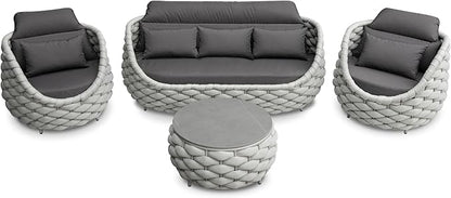 Rope Patio Furniture Set: 4 Pieces Aluminum Outdoor Couch Set Cushioned - Assembled Conversation Sofa Set Modern - Metal Porch Seating for 5 Person - All Weather for Deck Garden Poolside Hotel