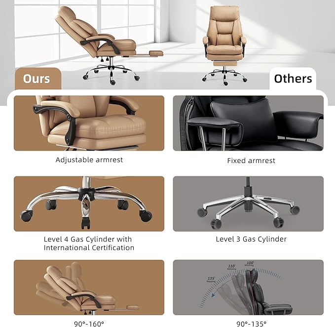 Home Office Desk Chair, 90°-160° Reclining, High Back Executive OfficeChair 400LBS with Footrest, Ergonomic Scratch-Resistant Faux Leather Computer Gaming Chair with Lumbar Support, Coffee