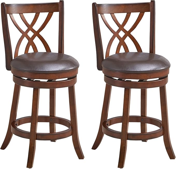 COSTWAY Bar Stools Set of 2, 360° Swivel Chairs with Rubber Wood Frame, 26 Inches PU Leather Cushioned Seat and Footrests, for Kitchen Island, Dining Room, Bar (Brown-26 inches, 2 stools)