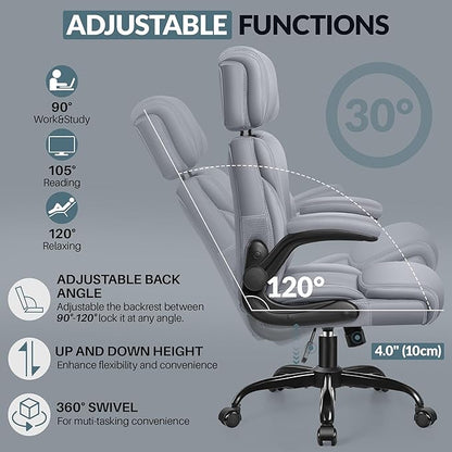 Office Chair, Ergonomic Big and Tall Computer Desk Chair with Retractable Adjustable Headrest, Executive Breathable Leather Chair, Lumbar Support Swivel PC Chair with Flip-up Armrests Rocking Function