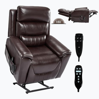 PELUMY Power Lift Recliner Chair for Elderly with Massage and Heat, Dual Motor Heavy Duty 350lbs Recliner, 8-Point Vibration & Lumbar Heating, Electric Lift Chair (Breathable Leather, Dark Brown)