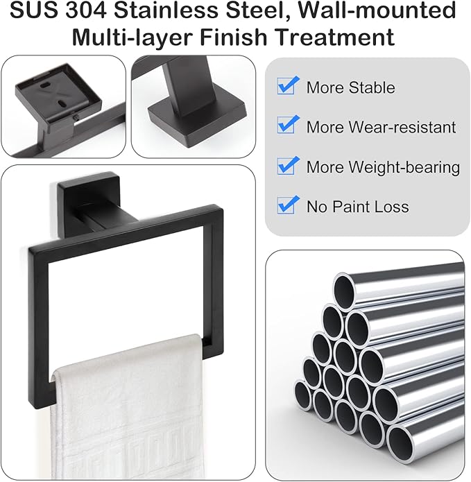2-Piece Matte Black Square Towel Ring,Modern Hand Towel Holder for Bathroom,Stainless Steel Towel Hangers Wall-Mounted Bathroom Accessories