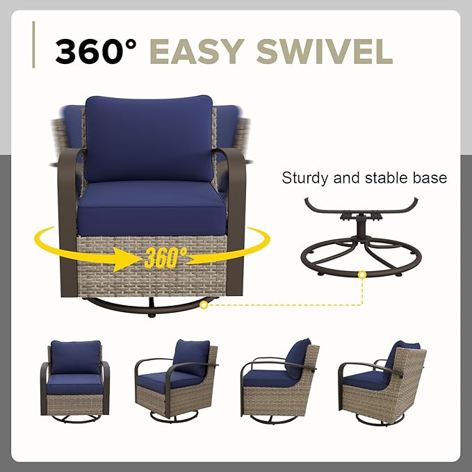 COOS BAY Aurora Terrace Half-Moon Outdoor Furniture Set, Rattan Conversation Set with Swivel Rockers, Curved 4-Seat Sofa, Coffee Table, Seats 6, Beige/Blue