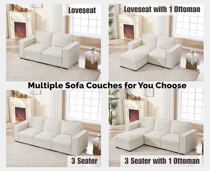 EALSON 119" Modular Sectional Sofa Comfy Cloud Couch with Ottoman Modern Convertible L Shape Couches with Wooden Legs Linen Deep Seat Couch 4-Seater Sofa with Ottoman for Living Room/Apartment,White