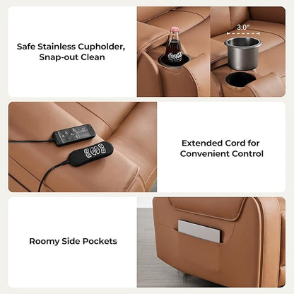 CHITA Electric Power Lift Recliner Chair for Elderly with Massage and Heat, Large Lay Flat Genuine Leather Recliner Chair with Cup Holders, USB Ports, Power Headrest, Independent Backrest, Saddle