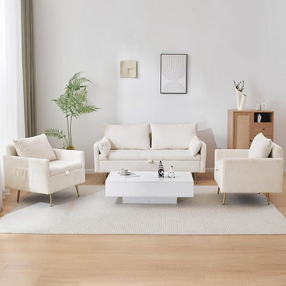 Furnimart 3-Piece Storage Sectional Sofa and Couch Set, Corduroy Loveseat with 2pc Accent Single Chairs, Small Living Room Furniture Set for Apartment, Tiny Homes and Lofts, 3PC-Beige