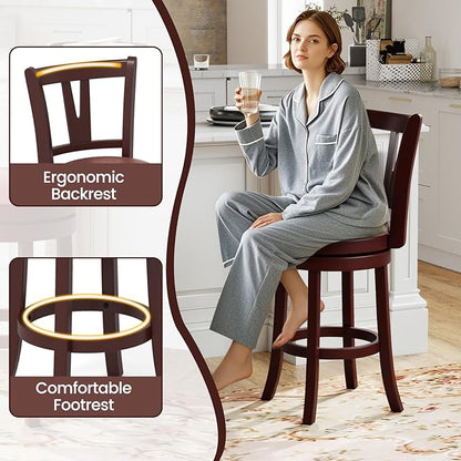 COSTWAY Barstools Set of 2, Faux Leather Upholstered Bar Stools with High Backs and Footrests, Armless Kitchen Island Dining Chairs with Solid Wood Legs, Cappuccino (2, 26'' Seat Height)