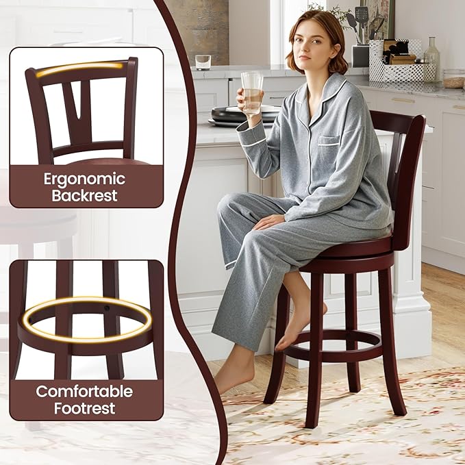 COSTWAY Barstools Set of 4, Faux Leather Upholstered Bar Stools with High Backs and Footrests, Armless Kitchen Island Dining Chairs with Solid Wood Legs, Cappuccino (4, 26'' Seat Height)