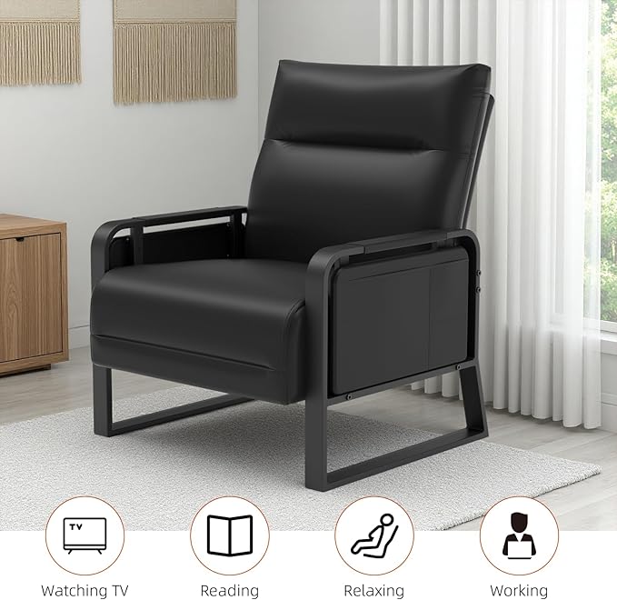 Upholstered Accent Chair, Modern Faux Leather Sofa Chair with Foldable Side Tray Table & Storage Pocket, Small Accent Sofa for Living Room, Bedroom, Reception Room, Black