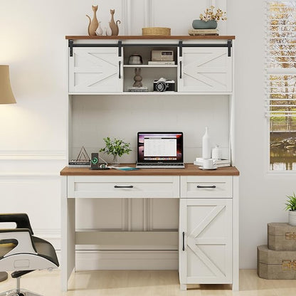 Farmhouse 47" Executive Computer Desk with 2 Drawers and Storage Cabinet, Home Office Desk with Hutch and Charging Station, Workspace for Work and Study (White&Brown).