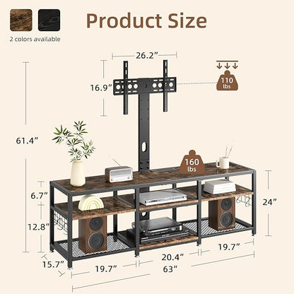 VECELO 63" TV Stand with Mount and Power Outlets, Entertainment Center Console with Open Storage Shelves, Height Adjustable Mount up to 75”, Wooden Table and Metal Frame for Living Room, Rustic Brown
