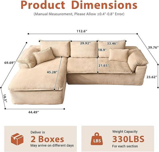 113 in Oversized Cloud Sofa with L Shape Chaise, Sectional Couches for Living Room, Assembly Free Modular Comfy Corduroy Sofa with Left Facing Chaise Longue for Home Apartment (Left Chaise, Beige)