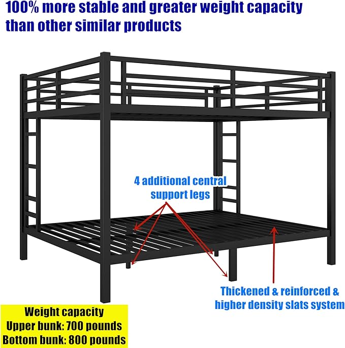 Higher Quality & Stronger Heavy Duty Steel Black Bunk Bed Queen Over Queen Size Bunkbed, Thickened More Stable Safer Metal Bunk Bed (Easier to Assemble)