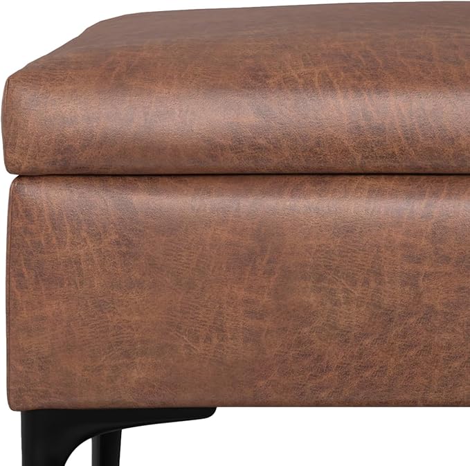 SIMPLIHOME Rebecca 48 inch Wide Mid Century Modern Rectangle Large Coffee Table Storage Ottoman with Lift up Lid in Distressed Saddle Brown Faux Leather for The Living Room, Entryway and Family Room