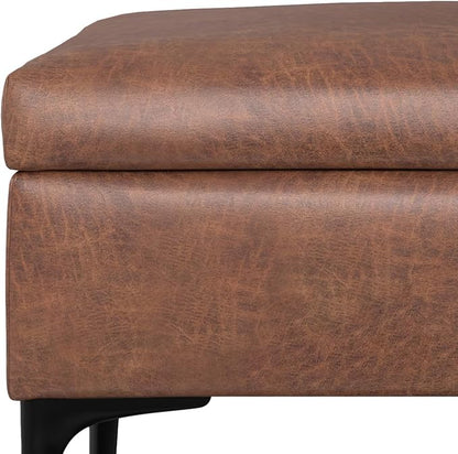 SIMPLIHOME Rebecca 48 inch Wide Mid Century Modern Rectangle Large Coffee Table Storage Ottoman with Lift up Lid in Distressed Saddle Brown Faux Leather for The Living Room, Entryway and Family Room