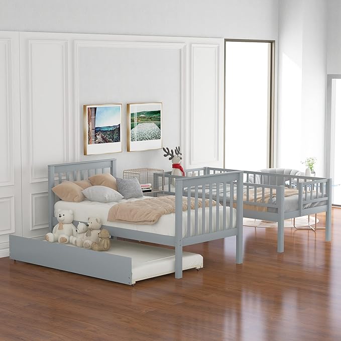 Twin-Over-Twin Bunk Bed with Trundle,Guardrail and 4 Storage Shelves,Wood Bunk-Bed W/Planked Panel Headboards & Footboards,Bedroom Furniture for Children,Teens,Adults,Gray