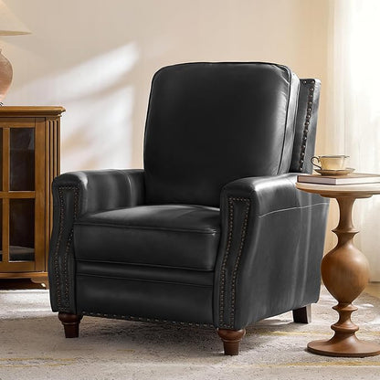 HULALA HOME Genuine Leather Recliner Chair, Classic Push Back Recliner Armchair with Thick Seat and Backrest (Black)