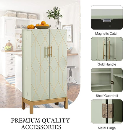 ARTPOWER 45'' Kitchen Pantry Cabinet, 4 - Layer Storage Cupboard with Adjustable Shelves for Storage Cabinet Pantry, Food Pantry Cabinet for Kitchen, Dining Room and Living Room,Gold Legs, Green