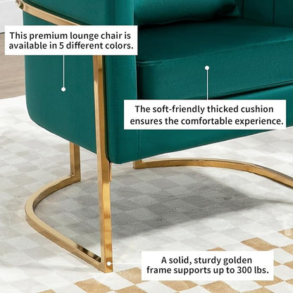 Velvet Modern Accent Chair, Upholstered Barrel Armchair Mid Century with Pillow for Living Room, Comfy Single Vnaity Chair with Metal Gold Legs for Bedroom, Green