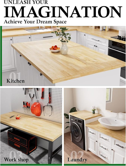 6FT Butcher Block Countertop Birch Solid Wood - 72" x 39" Kitchen Island Table Top Butcher Block Cutting Board for Living Dining Table Office Desk Workbench Washer Dryer Countertop Unfinished 1.5" Th