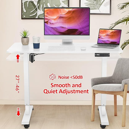 farexon Electric Standing Desk Adjustable Height, 55x24 Inches Computer Desk with 4 Preset Heights, Double Metal Hook, Rolling Wheels, Multifunctional Stand up Desk for Home/Office(White)