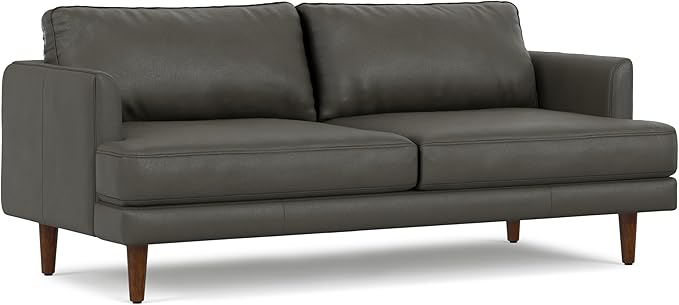 SIMPLIHOME Livingston 76-inch Wide Sofa in Coal Top Grain Genuine Leather, Handcrafted Mid-Century Modern Loveseat for Living Room, Compact 2-Seater with Feather-Wrapped Cushions and Solid Wood Frame