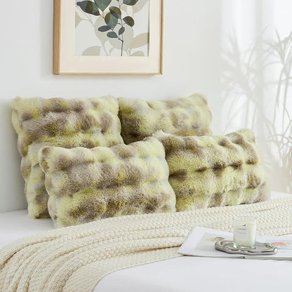 FUTEI Green White Decorative Throw Pillow Covers 20x20 Inch Set of 2,Soft Fuzzy Faux Rabbit Fur Cushion Covers with Raised Texture,Neutral Boho Home Decor for Couch Bed Living Room