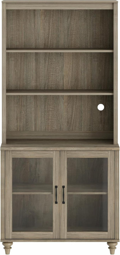 WAMPAT 5 Tier Farmhouse Bookshelf 72" Tall Bookcase with Glass Doors, Large Display Book Shelf with Adjustable Shelves and Storage Cabinet, Wood Bookshelves for Living Room & Study Room, Wash Grey